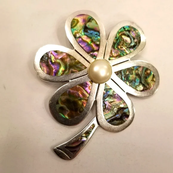 🔻REDUCED❣Los Ballesteros Vintage Silver Abalone Clover Brooch Hand Crafted Rare